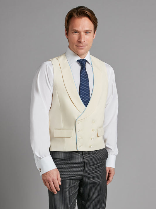 Double Breasted Wool Waistcoat With Piping - Cream