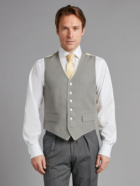 Single Breasted Linen Waistcoat With Piping - Grey