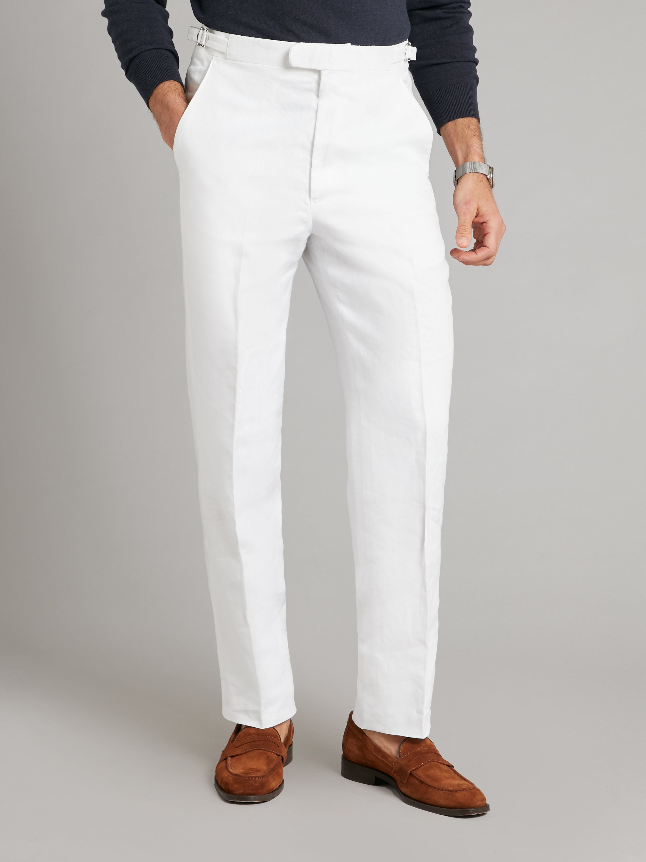 Anistyn High Waist Straight Leg Linen Trousers in White