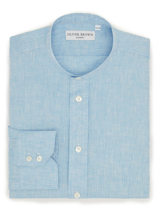Organic Collarless Linen Shirt - Sky Blue