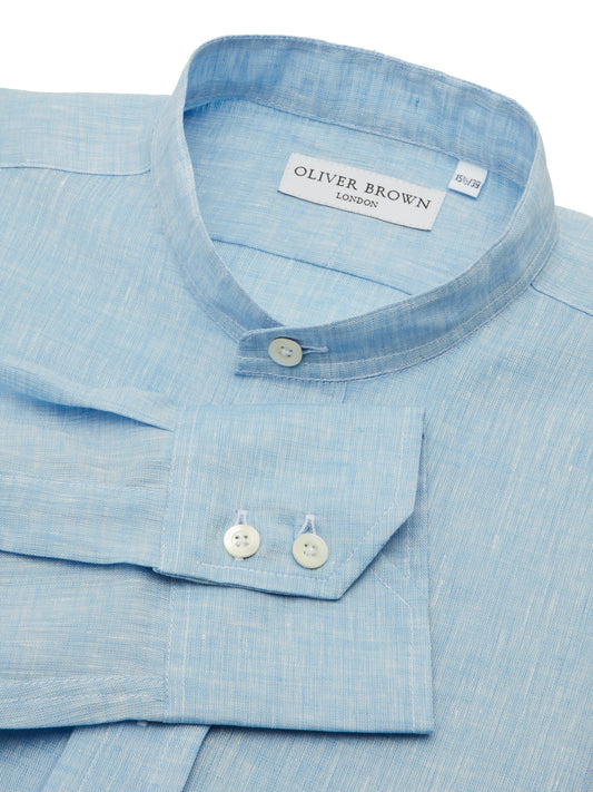 Organic Collarless Linen Shirt - Sky Blue